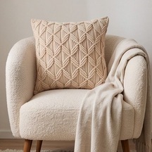Boho-chic Ruhu: Özel İşçilik Makrome Koltuk Yastığı Kılıfı Ekru 45x45 Cm Diğer