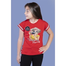 Toontoy Kids Toontoy Kız Çocuk Şerit Detaylı Baskılı Tişört Kırmızı