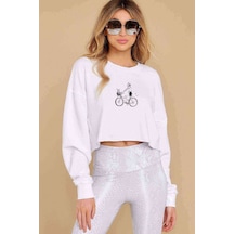 Drawn Bicycle French Bike Baskılı Crop Kadın Beyaz Sweatshirt