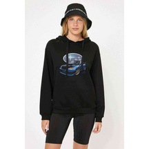 Wrx Baskılı Siyah Kadın Kapşonlu Sweashirt