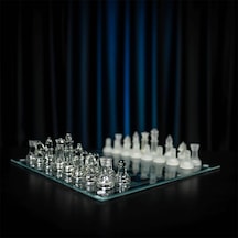 Ayrex Kristal Serisi Büyük Boy Camdan İmal Klasik Satranç Takımı 30x30 Cm. Tablalı