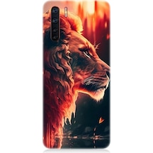 Oppo Reno 3 Uyumlu Sarı Kırmızı Asil Aslan Desenli Silikon Kılıf