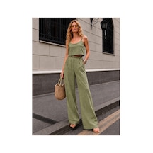 Bisou Ahşap Boncuk Detaylı Astarlı Crop Bluz Ve Bol Paça Şort Astarlı Pantolon Takım %100 Pamuk Haki