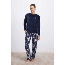 Aria's Closet Arias Closet Uzun Kollu Kadife T-shirt Ve Çiçek Desenli Pantolon Pijama Takımı Lacivert
