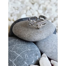 Eva Takı Store İki Sıralı Sedefli Kalp Tam Tur Model Taş Model Ayarlanabilir Silver Renk Çelik Yüzük Silver