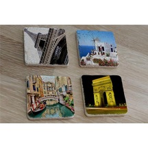 Eyfel Kulesi Santorini Venedik Ve Zafer Takı Doğal Taş Bardak Altlığı 4'lü Set - Natural Stone Coasters - Taş Çok Renkli