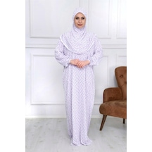 Pamuk Başörtülü Tek Parça Namaz Elbisesi - Mor Çiçekli Beyaz - Mor