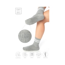Saysez Bambu Kadın Kaydırmaz Taban Silikon Baskı Pilates Yoga Fitness Dans Aktivite Gri Tenis Çorabı Renkli