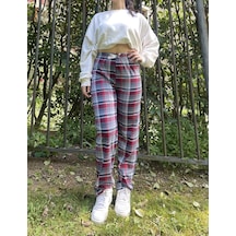 Kadın Pamuklu Ekose Desenli Pijama Altı Eşofman Kurdeleli