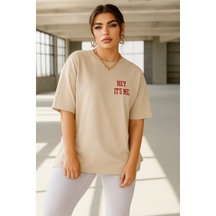 Hey It's Me Baskılı Oversize T-shirt Bej