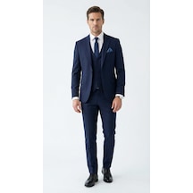Erkek 3 Parça Slim Fit Takım Elbise Klasik Likralı Kumaş, Tek Düğme, Çift Yırtmaçlı Modern Kesim Ceket Yelek Pantolon Lacivert