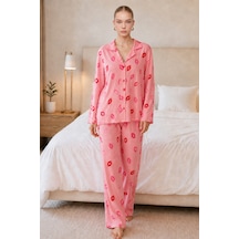Kadın Dudak Desenli Pembe Pijama Takımı 4677