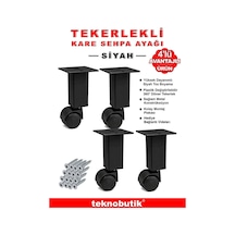 4 Adet 15cm Boy Siyah Kare Plastik Tekerlekli Mobilya Sehpa Ayağı Beyaz