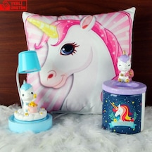 Unicorn Işıklı Biblo Masa Gece Lambası Puf Yastık Unicorn Kalemliklik Hediye Seti