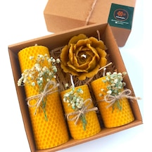 Dekoratif Hediye Kutusu 4 Lü Set Doğal Petek Beeswax Candle Açmış Gül Süslemeli Açmış Gül Çok Renkli