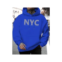 Herkesemoda Nyc Baskı Detaylı Kapüşonlu Sweatshırt Mavi