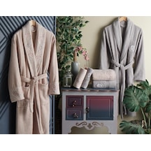 Dantela Premium Soft Nakışlı Aile Bornoz Seti-Yade Pudra Gri Gri - Pudra