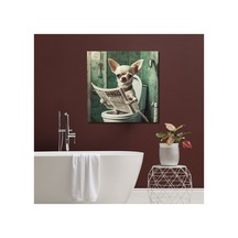Tekli Kare Kanvas Banyo Tablosu Gazete Okuyan Beyaz Chihuahua Köpek Kanvas Çok Renkli Çerçevesiz