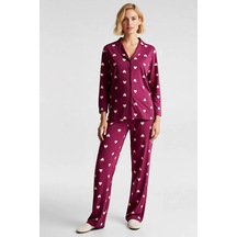 Benerly Kadın Gömlek Yaka Standart Kol Regular Kalıp Pijama Takımı Fonksi Koyu Vişne