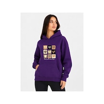 Herkesemoda Küçük Leopar Kalpler Baskılı Kapüşonlu 2 İplik Şardonlu Sweatshirt Mor