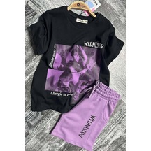 Riccotarz Kız Çocuk Wednesday Baskı Figürlü Ve Yazı Baskılı Penye T-shirt Lila Şortlu Takım Lila