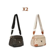Newish Polo Kadın Monogram Desenli Uzun Askılı Çapraz Omuz Çantası 2 Adet - New361 Kahverengi - Taba