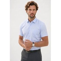 Tudors Erkek Regular Fit Klasik Kesim Pamuklu Kısa Kollu Armürlü Mavi Gömlek-50299