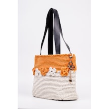 Fabric Craft Bag Omuz Çantası Merserize Pamuk İpli Çiçek Detaylı Turuncu - Beyaz