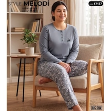 Melodi 17177 Uzun Kol %100 Pamuk Battal Büyük Beden Kadın Pijama Takımı Gri