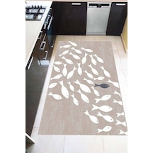 Bej Kaymaz Tabanlı Yıkanan Balık Desenli Mutfak Halısı Ar828n11