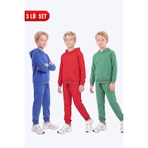 Panios Kids Erkek Çocuk 3'lü Düz Kanguru Cepli Kapüşonlu Eşofman Takımı Sax-kırmızı-yeşil