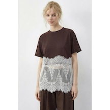 Shade Kadın Bisiklet Yaka Dantel Detaylı Rahat Kalıp T-shirt 1074 60286064 - Kahverengi-beyaz Çok Renkli