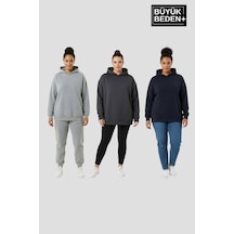 Süperlife Kadın Büyük Beden 3 Lü Set Kollar Ve Etek Ribanalı İnce Kapşonlu Swatshırt Spr26bswk957+3 Grey Mel-smoked-navy