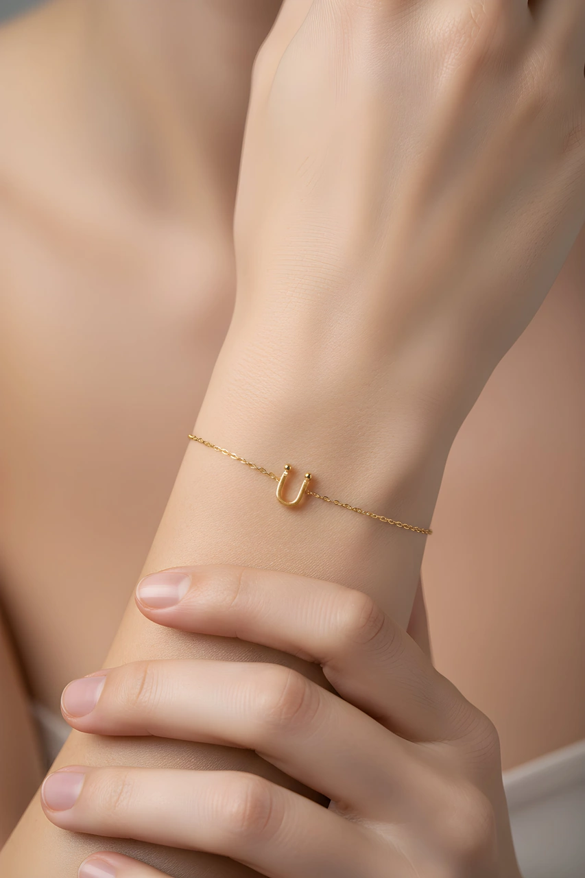 Ü Harfi 18 Ayar Sarı Altın Kaplama 18 Cm Gümüş Bileklik Sarı
