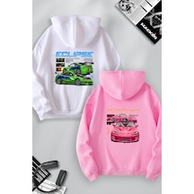 Macklin Sevgili Çift Kombin Hızlı Ve Öfkeli Eclipse Ve S2000 Sırt Baskılı Kapüşonlu Sweatshirt 2li Set Takım Beyaz Pembe Mck1245 Çok Renkli