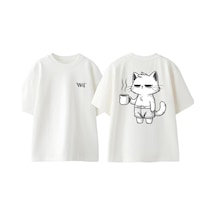 Thewert Coffee Cat Tasarım Sırt Baskılı Pamuk Beyaz Oversize T-shirt
