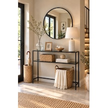 Teknor Siyah Çerçeveli Füme Cam Raflı Dresuar Modern Salon Ve Antre Konsolu 100 90 20 Cm