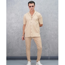 Modefendi Fitil Desenli Oversize Kısa Kollu Gömlekli Takım Krem Modefendi Fitil Desenli Oversize Kısa Kollu Gömlekli Takım Krem