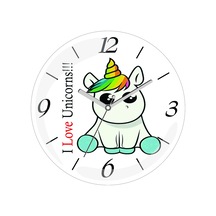 I Love Unicorn Çap 30cm Sessiz Akar Bombeli Gerçek Cam Duvar Saati Çok Renkli