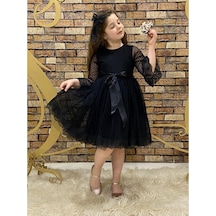 Kız Çocuk Dantelli Siyah Mini Puantiyeli Kurdelalı Tül Elbise