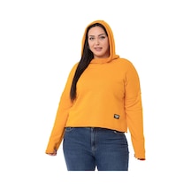 Büyük Beden Kapüşonlu Düşük Kollu Pis Dikişli Üç İplik Hardal Sweatshirt-hardal Hardal