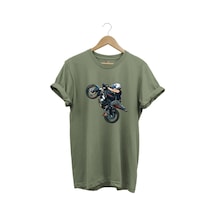 Motosiklet Racing Ön Kaldıran Motorcu Baskılı %100 Pamuk Regular Fit Bisiklet Yaka Haki T-shirt Haki