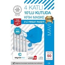 N95/FFP2 Kore Tipi 4 Katlı Mavi Maske, Tekli Poşet, Uv Steril (5 Kutu/ 50 Adet)