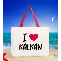 Bk Gift I Love Kalkan Kırmızı Renkli Kulp Kanvas Plaj Çantası 48x40m, Baskılı Omuz Çantası, Alışveriş Çantası