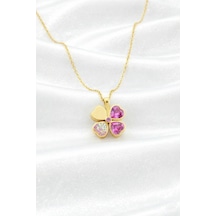 Çekirdekjewelry 925 Ayar Gümüş Pembe Taşlı Taşlı Yonca Kolye Sarı