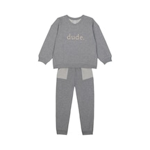 Antebies Organik, Gri Melanj Dude Aplik,bel Lastikli Bağcıklı Uzun Kollu Erkek Çocuk Sweatshirt Eşofman Takımı