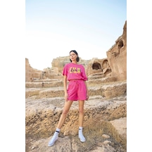 Monamise Kadın Kısa Kollu "calm Down" 3'lü Crop Şort Takımı 23088-pembe Pembe