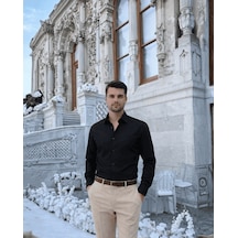 Beystil Slim Fit Siyah Saten Gömlek Siyah