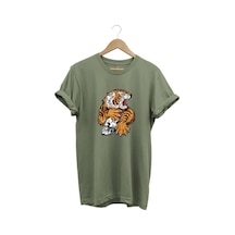 Vahşi Kaplan Tasarım Ve Kuru Kafa Baskılı %100 Pamuk Regular Fit Bisiklet Yaka Haki T-shirt Haki