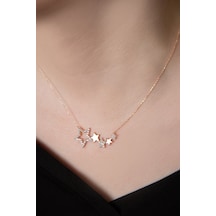 Papatya Silver 925 Ayar Gümüş Rose Kaplama Sıralı Beş Yıldız Zirkon Taşlı Kolye